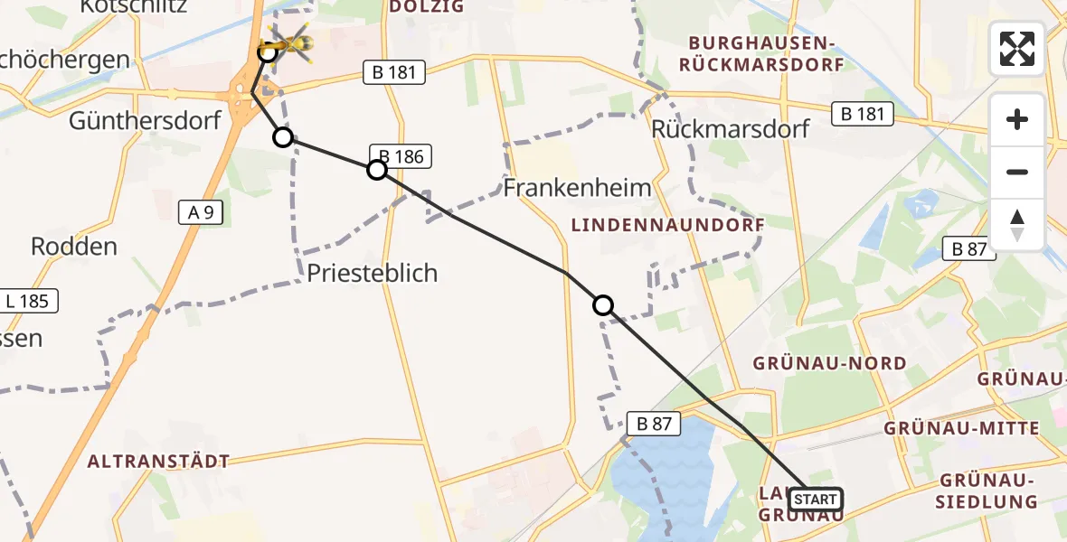Flugroute Rettungshubschrauber Leipzig - ADAC Air Rescue Station Leipzig/Schkeuditz-Dölzig Hubschrauberlandeplatz (Christoph 61), 26 August 2026, 11:17