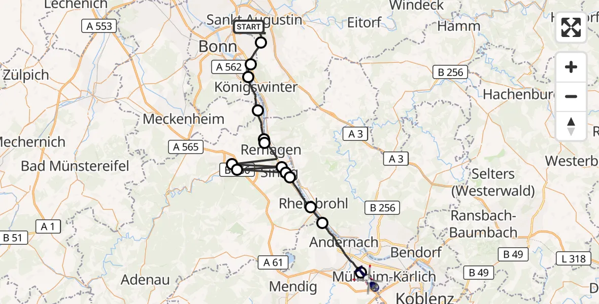 Flugroute Polizeihubschrauber Sankt Augustin - Kettig, 26 August 2026, 11:35