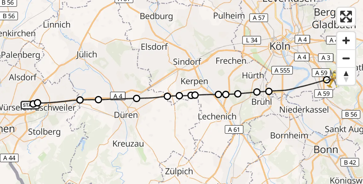 Flugroute Rettungshubschrauber Aachen-Merzbrück Flughafen - Köln Bonn Flughafen, 26 August 2026, 11:35