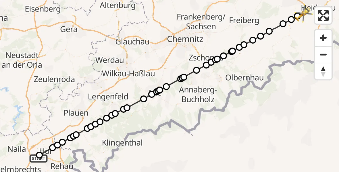 Flugroute Rettungshubschrauber Hof-Plauen Flughafen - Bavaria Krankenhaus Kreischa Hubschrauberlandeplatz, 26 August 2026, 11:39