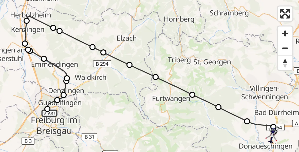 Flugroute Polizeihubschrauber Freiburg im Breisgau Flugplatz - Donaueschingen-Villingen Flugplatz, 26 August 2026, 11:40