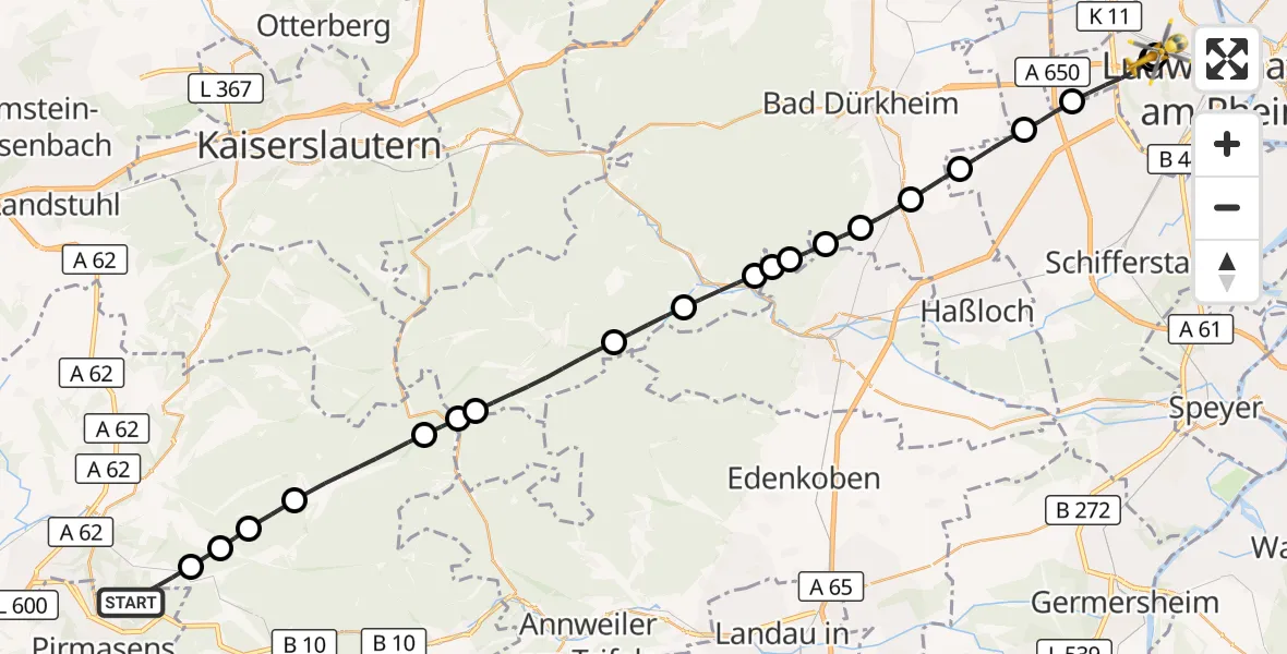 Flugroute Rettungshubschrauber Rodalben - Ludwigshafen Accident Hospital, 26 August 2026, 11:40