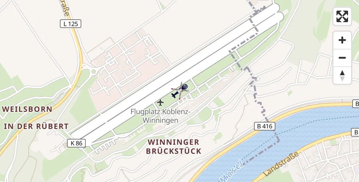 Flugroute Polizeihubschrauber Koblenz-Winningen Flugplatz - Koblenz-Winningen Flugplatz, 26 August 2026, 11:45