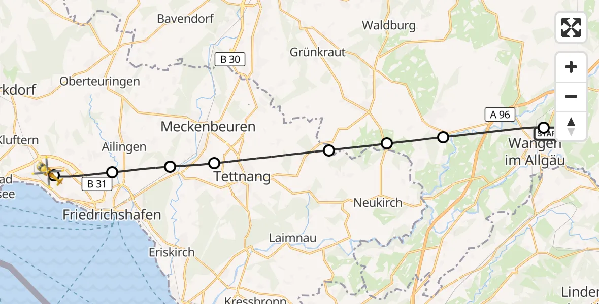 Flugroute Rettungshubschrauber Westallgäu Clinic Wangen Hubschrauberlandeplatz - Friedrichshafen Hospital, 26 August 2026, 11:57