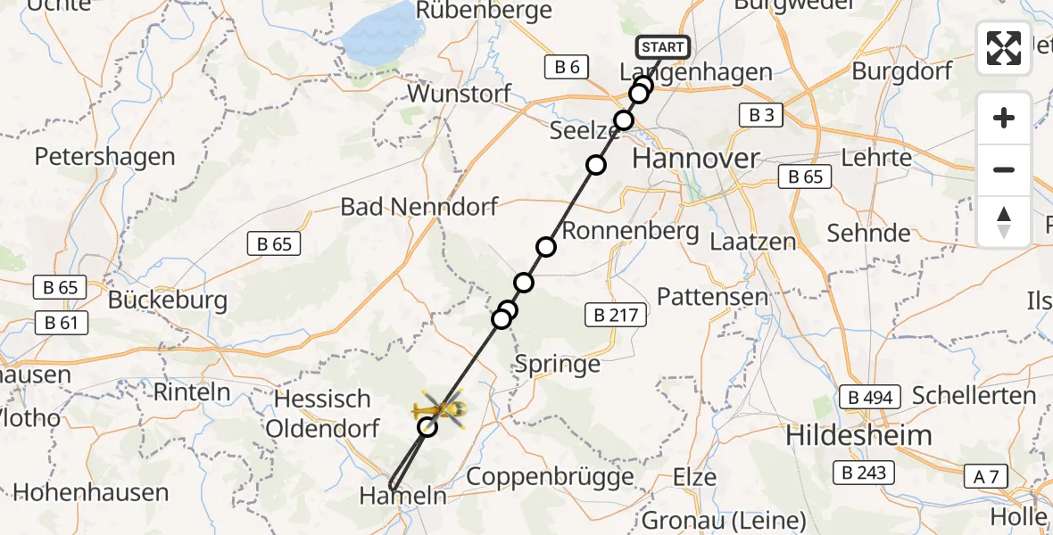 Flugroute Rettungshubschrauber Flughafen Hannover - Bad Münder am Deister, 26 August 2026, 12:03