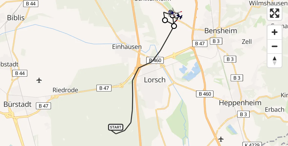 Flugroute Polizeihubschrauber Lorsch - Bensheimer Stadtwiesen Flugplatz, 26 August 2026, 12:05