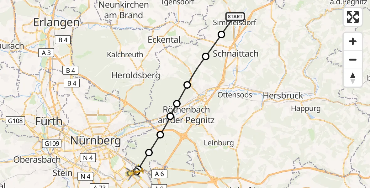 Flugroute Ambulanzhubschrauber Simmelsdorf - Nürnberg South Hospital, 26 August 2026, 12:12