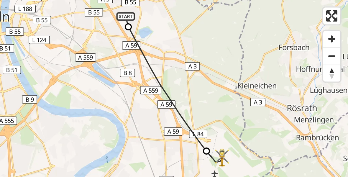 Flugroute Ambulanzhubschrauber Merheim Hospital - Köln Bonn Flughafen, 26 August 2026, 12:37