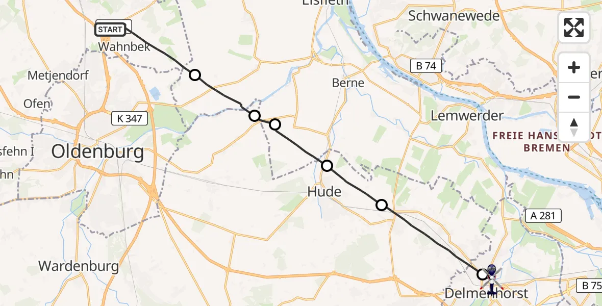 Flugroute Polizeihubschrauber Rastede - Delmenhorst, 26 August 2026, 12:37