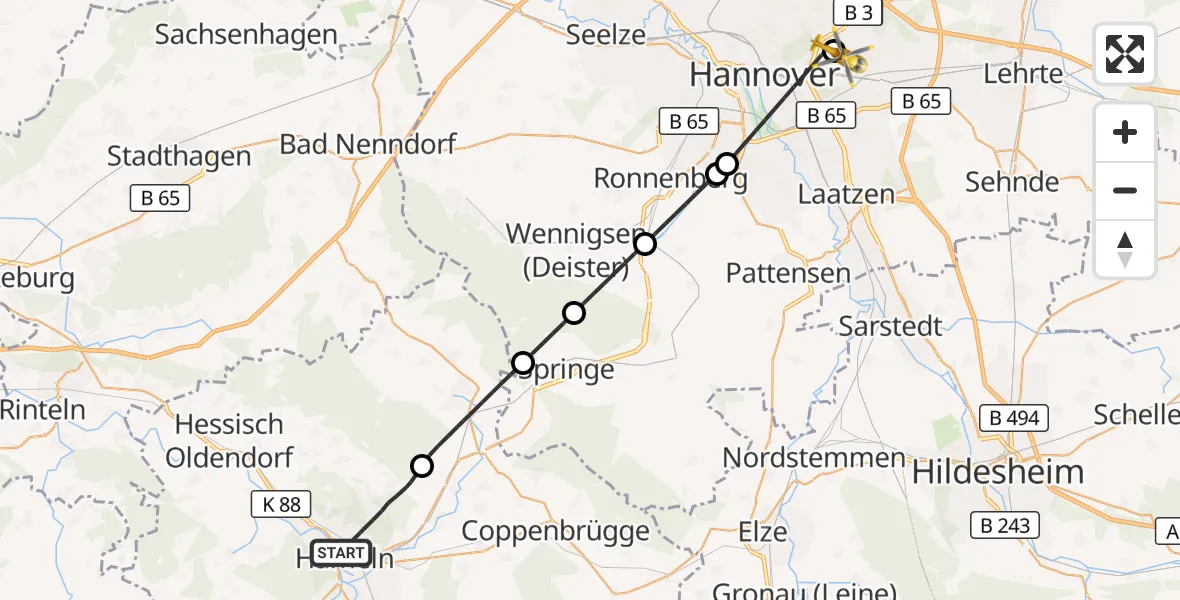 Flugroute Rettungshubschrauber Hameln - Hannover Luftrettung Hubschrauberlandeplatz (Christoph 4), 26 August 2026, 12:41
