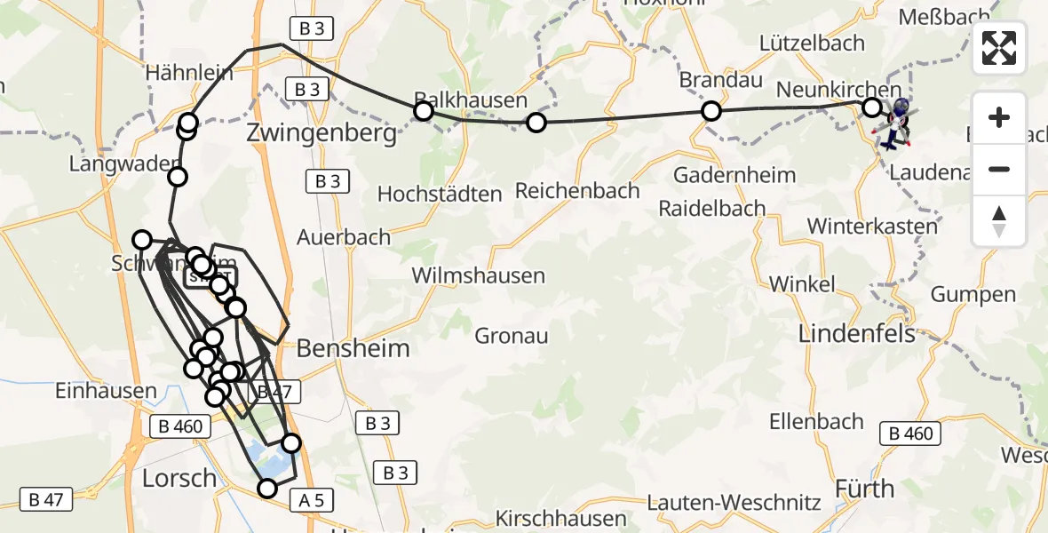 Flugroute Polizeihubschrauber Bensheimer Stadtwiesen Flugplatz - Reichelsheim (Odenwald), 26 August 2026, 12:42