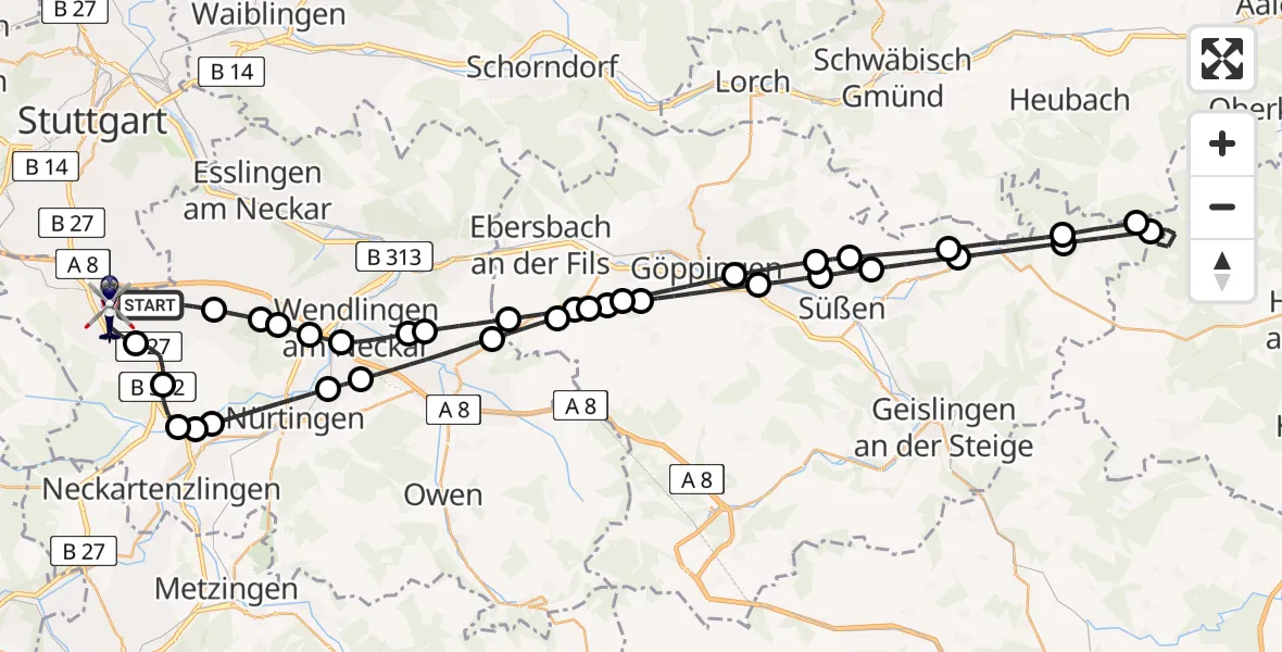 Flugroute Polizeihubschrauber Flughafen Stuttgart - Flughafen Stuttgart, 26 August 2026, 12:48