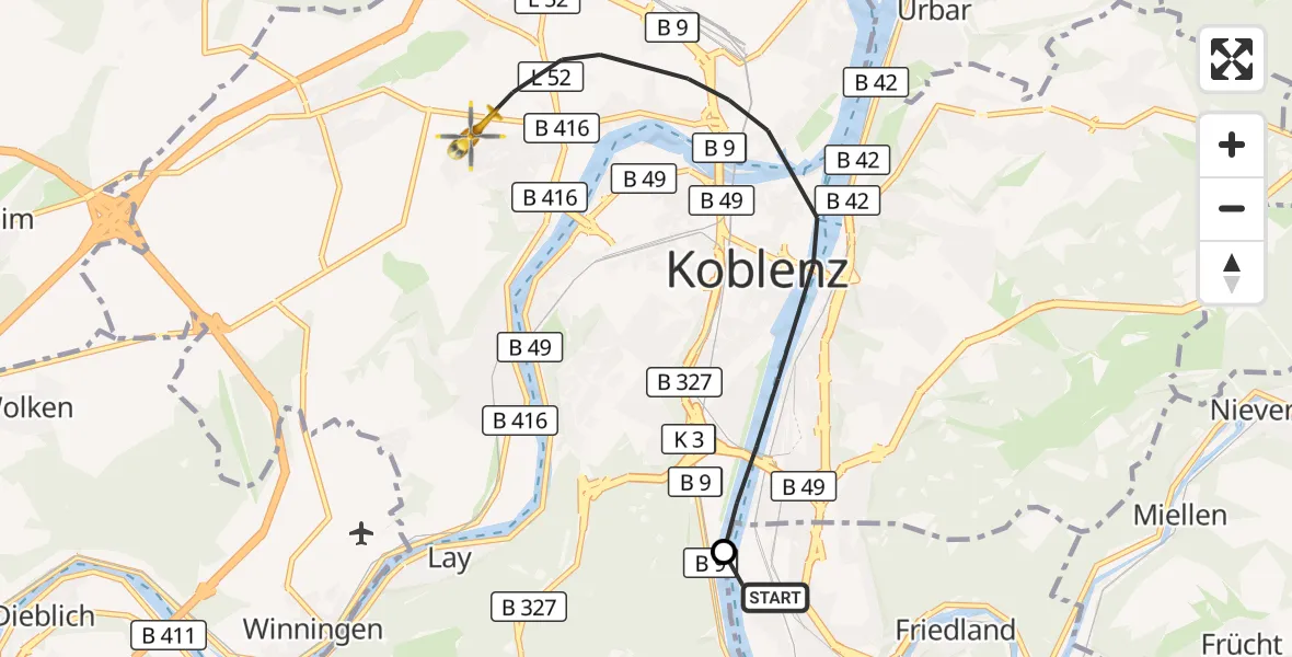 Flugroute Rettungshubschrauber Lahnstein - Koblenz, 26 August 2026, 12:48