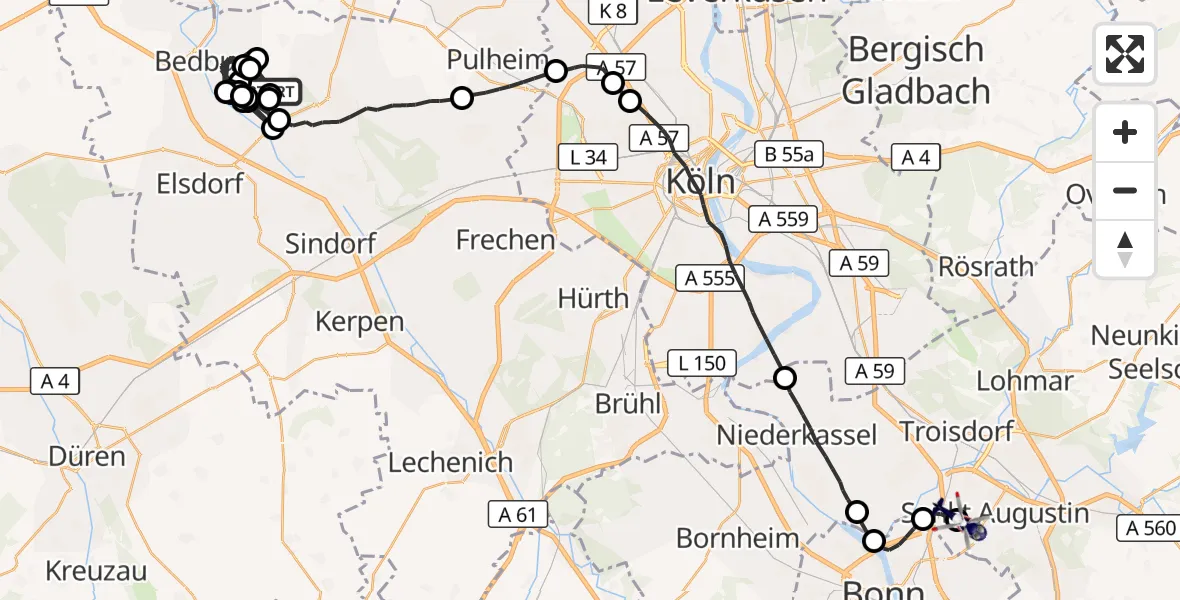 Flugroute Polizeihubschrauber Bergheim - Bonn-Hangelar Flugplatz, 26 August 2026, 12:57