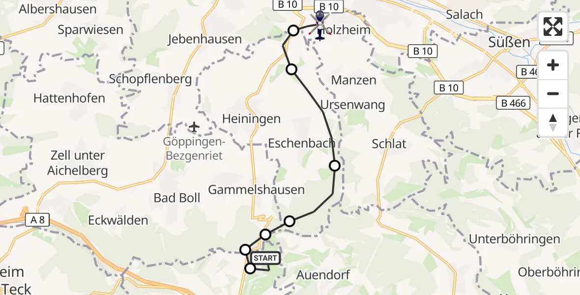 Flugroute Polizeihubschrauber Gruibingen-Nortel Flugplatz - Göppingen, 26 August 2026, 13:03