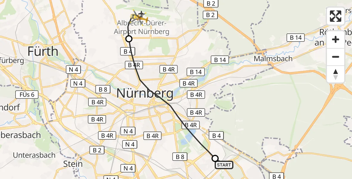 Flugroute Ambulanzhubschrauber Nürnberg South Hospital - Flughafen Nuremberg, 26 August 2026, 13:07