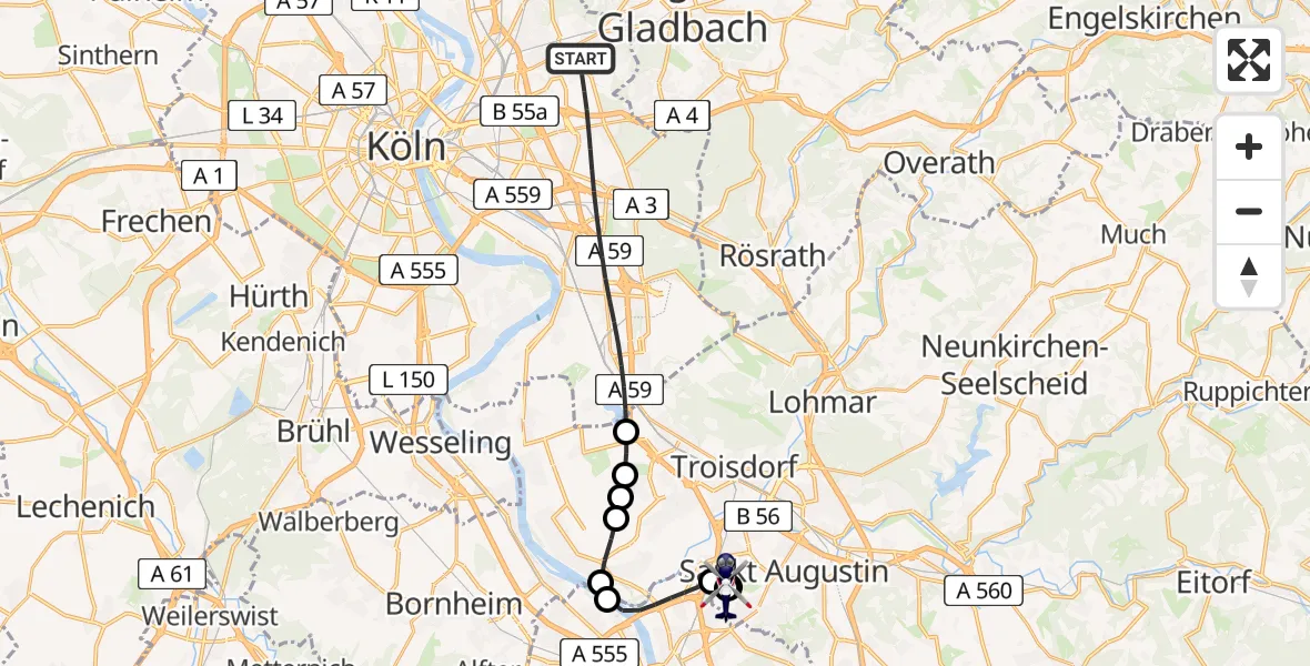 Flugroute Polizeihubschrauber Köln - Sankt Augustin, 26 August 2026, 13:12