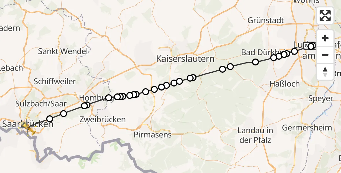 Flugroute Rettungshubschrauber Ludwigshafen Accident Hospital - Saarbrücken, 26 August 2026, 13:16