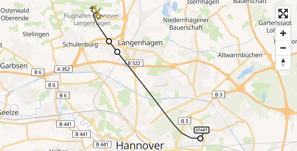 Flugroute Rettungshubschrauber Hannover Luftrettung Hubschrauberlandeplatz (Christoph 4) - Flughafen Hannover, 26 August 2026, 13:35
