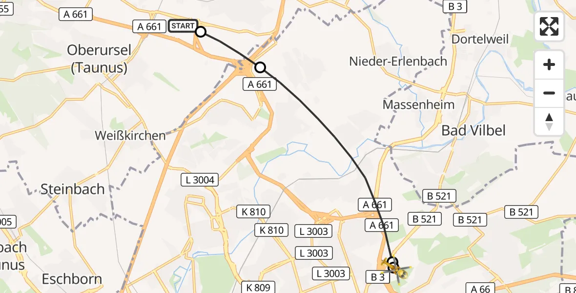 Flugroute Rettungshubschrauber Hochtaunus Hospital - Frankfurt am Main Accident Hospital Roof Helipad (CHX2), 26 August 2026, 13:37