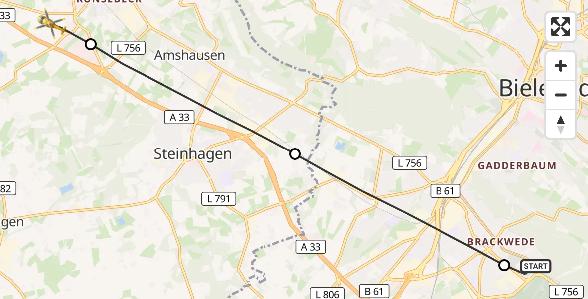 Flugroute Rettungshubschrauber Luftrettungszentrum Bielefeld - Halle (Westf.), 26 August 2026, 13:39