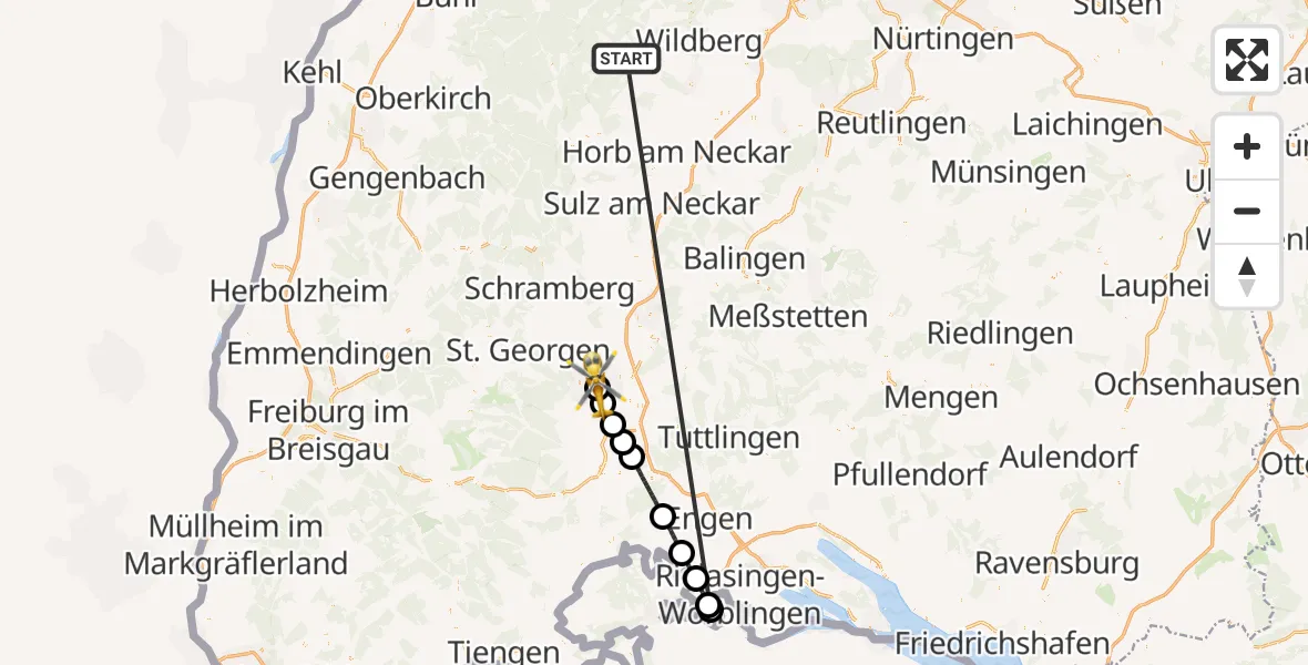 Flugroute Ambulanzhubschrauber Altensteig - DRF Air Rescue Station Villingen-Schwenningen Hubschrauberlandeplatz (Christoph 11), 26 August 2026, 13:56