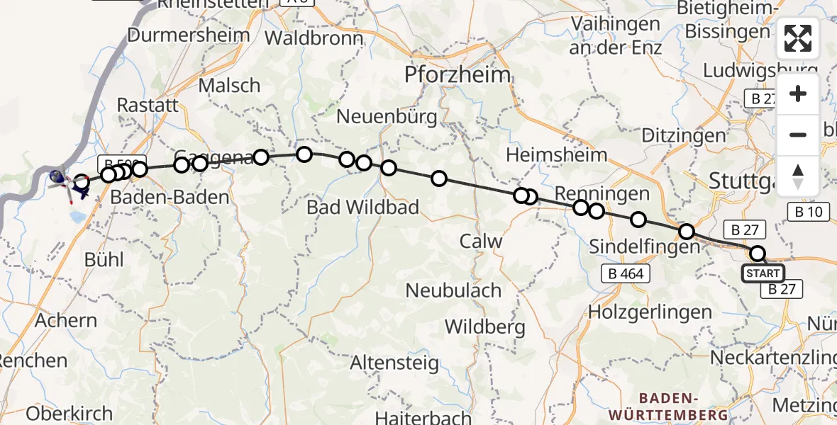 Flugroute Polizeihubschrauber Flughafen Stuttgart - Karlsruhe Baden-Baden Flughafen, 26 August 2026, 13:57