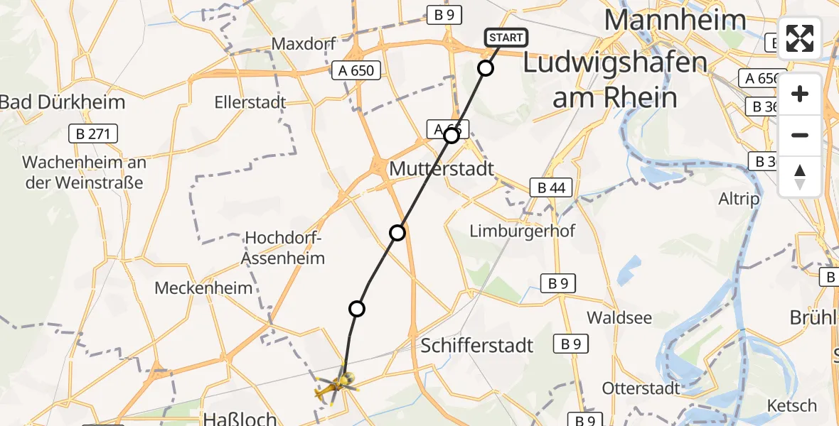 Flugroute Rettungshubschrauber Ludwigshafen Accident Hospital - Böhl-Iggelheim, 26 August 2026, 14:10