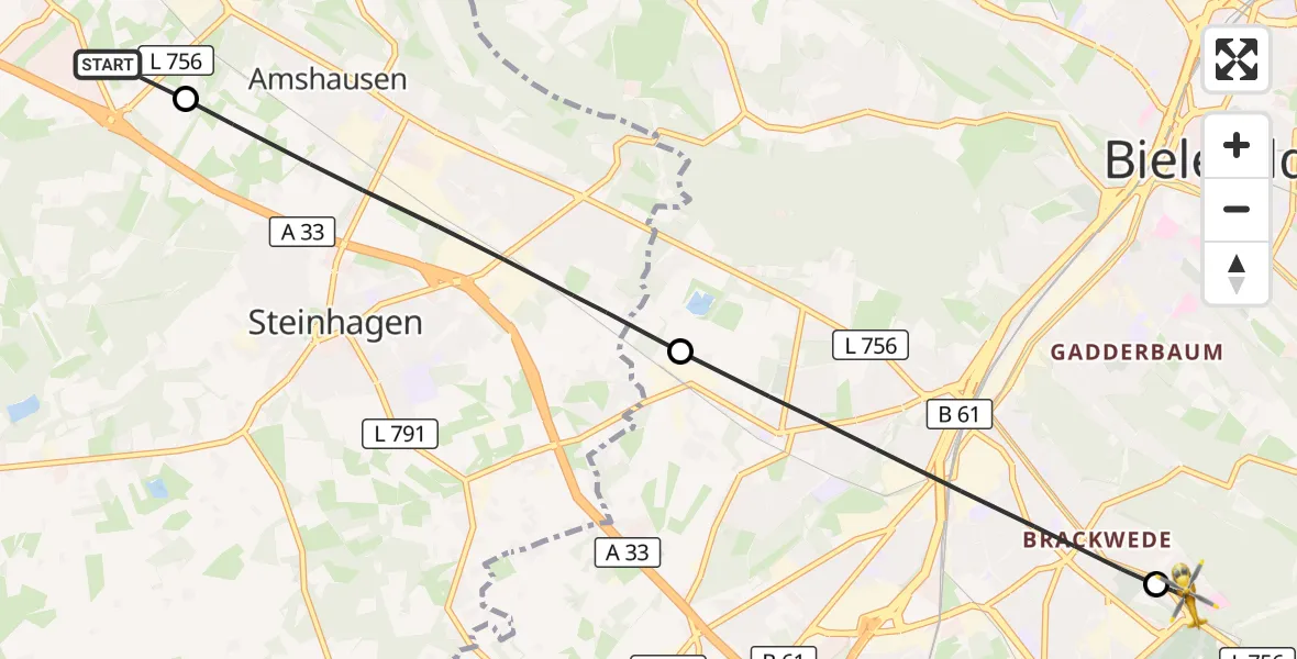 Flugroute Rettungshubschrauber Halle (Westf.) - Luftrettungszentrum Bielefeld, 26 August 2026, 14:23