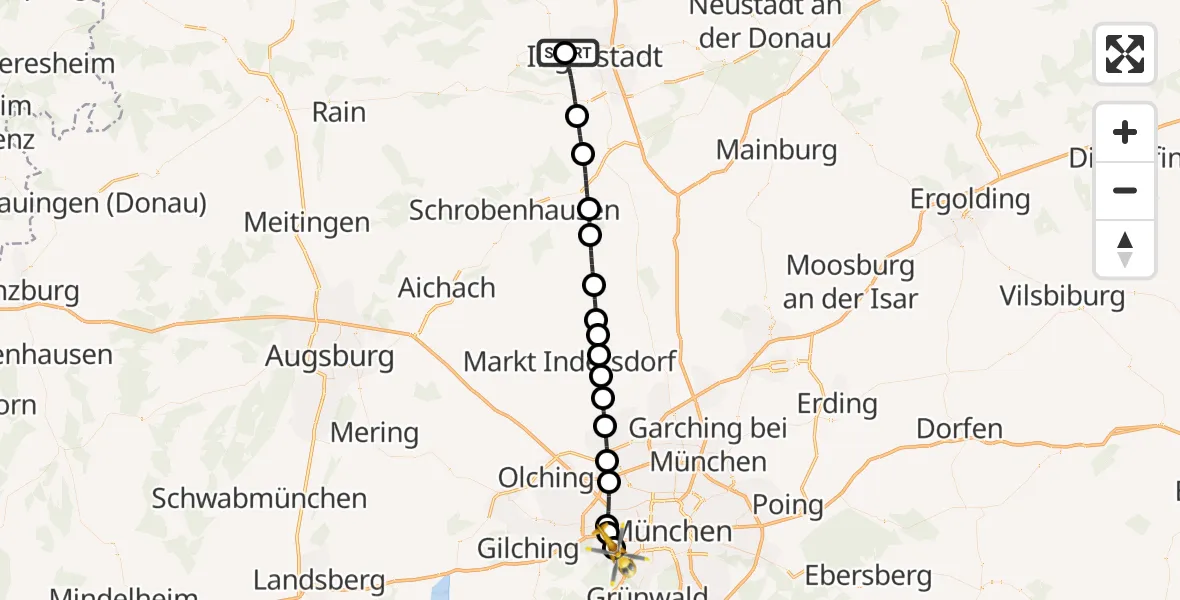 Flugroute Rettungshubschrauber Ingolstadt Hospital - DRF Air Rescue München Hubschrauberlandeplatz, 26 August 2026, 14:30