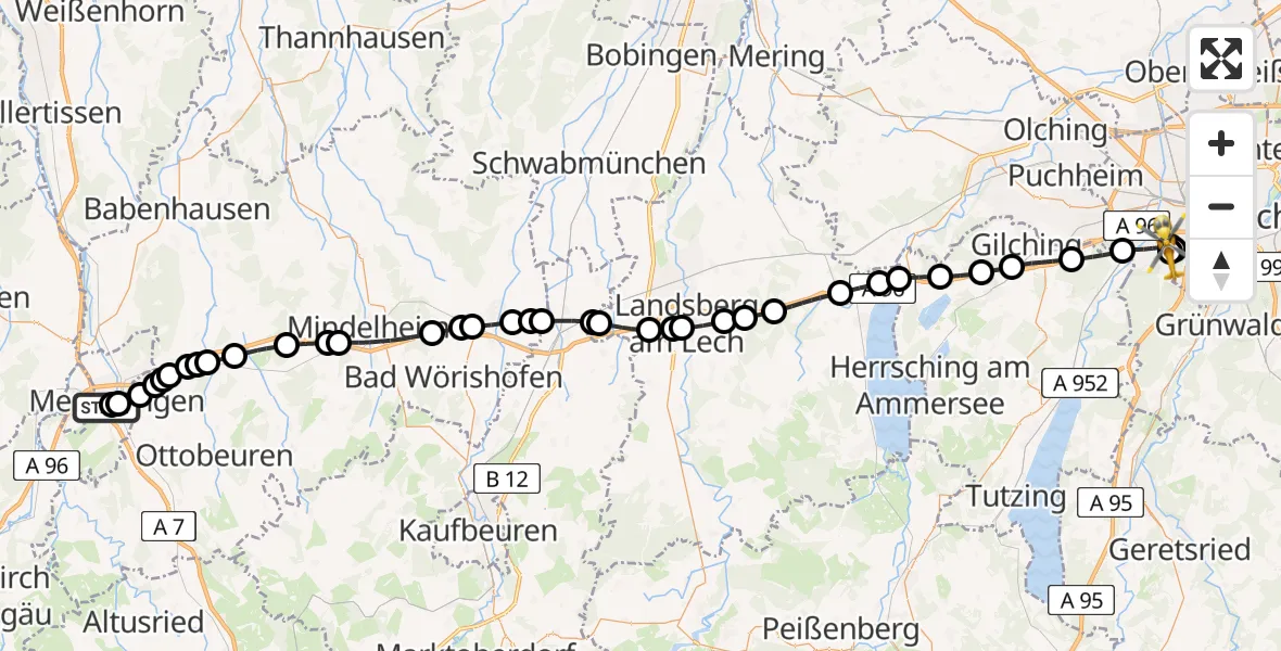 Flugroute Rettungshubschrauber Memmingen Hospital - DRF Air Rescue München Hubschrauberlandeplatz, 26 August 2026, 14:35