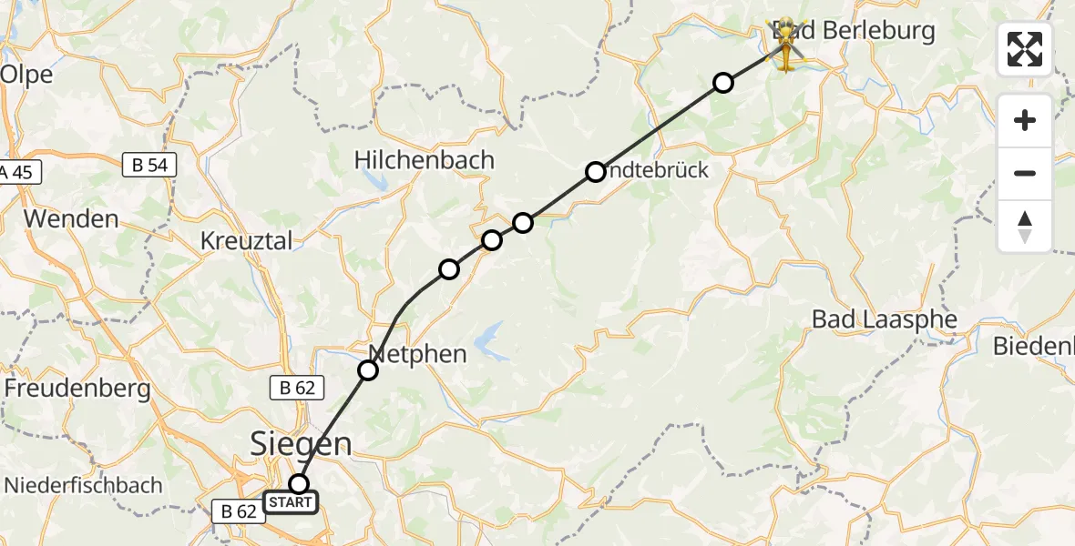 Flugroute Rettungshubschrauber Evangelisches Jung-Stilling Hospital - Bad Berleburg, 26 August 2026, 14:39