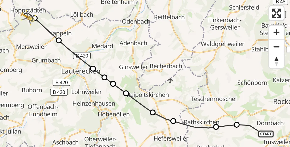 Flugroute Rettungshubschrauber Rockenhausen - Hoppstädten, 26 August 2026, 14:39