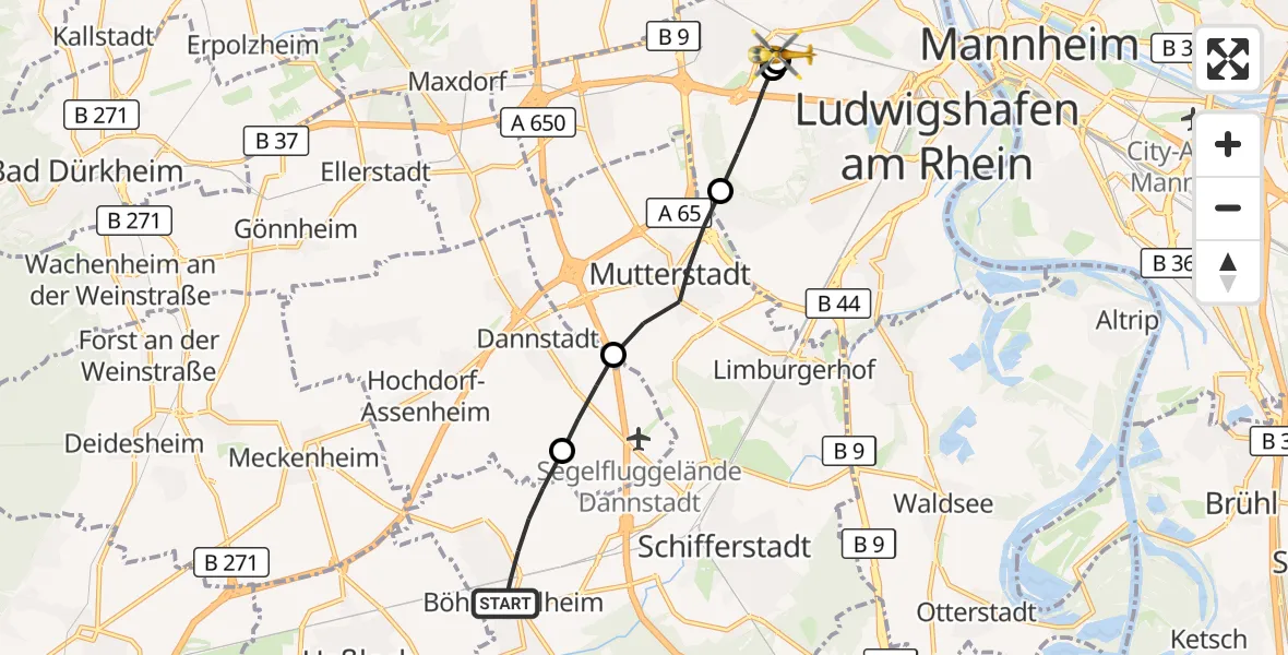 Flugroute Rettungshubschrauber Böhl-Iggelheim - Ludwigshafen Accident Hospital, 26 August 2026, 14:48