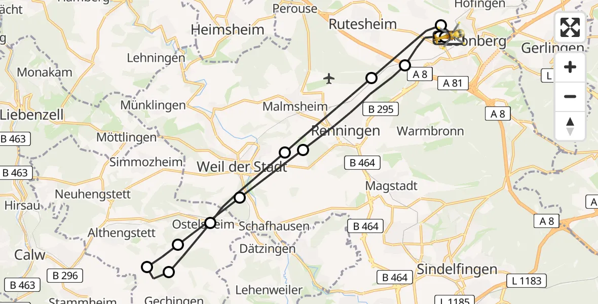 Flugroute Rettungshubschrauber Leonberg Hospital - Leonberg Hospital, 26 August 2026, 14:49