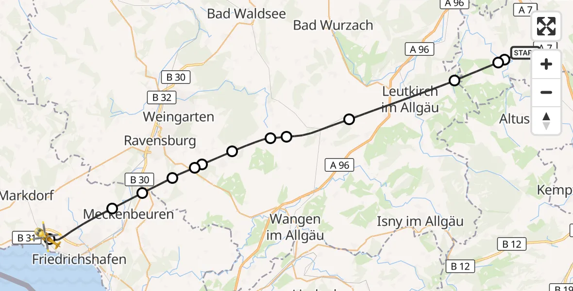 Flugroute Rettungshubschrauber Bad Grönenbach - Friedrichshafen Hospital, 26 August 2026, 14:57
