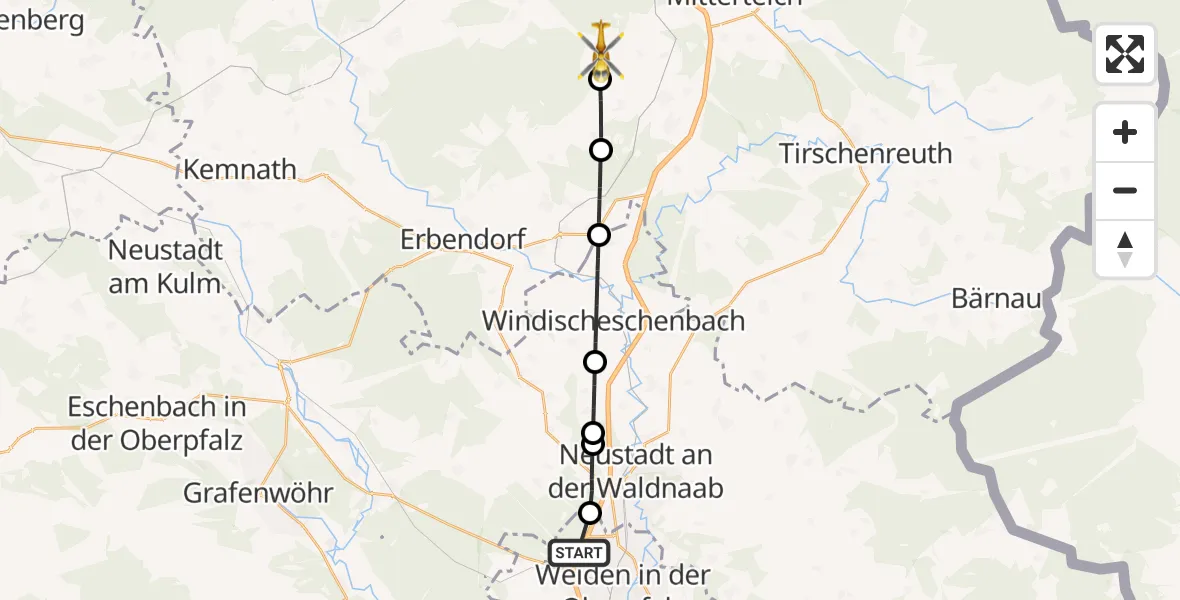 Flugroute Ambulanzhubschrauber Weiden i.d.OPf. - Fuchsmühl, 26 August 2026, 15:01