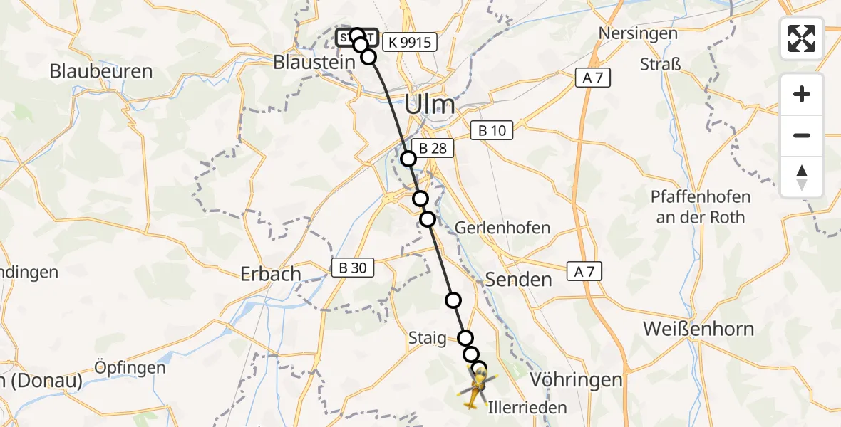 Flugroute Rettungshubschrauber Ulm Military Hospital Emergency - Illerrieden, 26 August 2026, 15:08