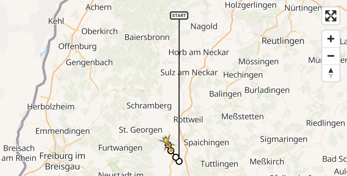 Flugroute Ambulanzhubschrauber Altensteig - DRF Air Rescue Station Villingen-Schwenningen Hubschrauberlandeplatz (Christoph 11), 26 August 2026, 15:09