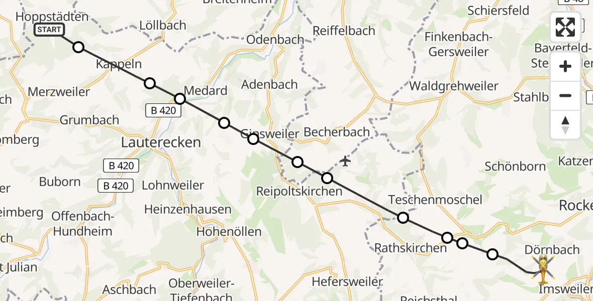 Flugroute Rettungshubschrauber Hoppstädten - Rockenhausen, 26 August 2026, 15:27