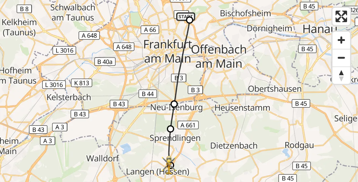 Flugroute Rettungshubschrauber Frankfurt am Main Accident Hospital Roof Helipad (CHX2) - Asklepios Clinic Langen, 26 August 2026, 15:33