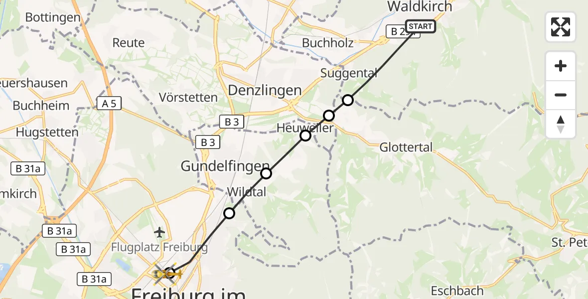 Flugroute Ambulanzhubschrauber Waldkirch - Freiburg University Hospital Heliport 1, 26 August 2026, 15:36