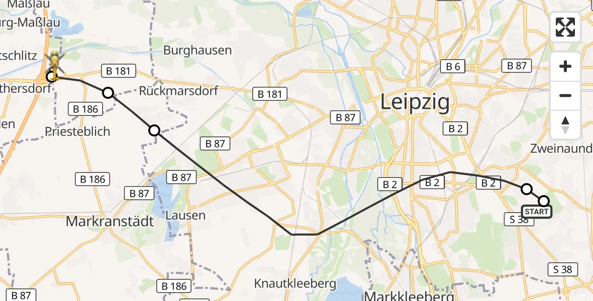Flugroute Rettungshubschrauber Leipzig Heart Center Ground Hubschrauberlandeplatz - ADAC Air Rescue Station Leipzig/Schkeuditz-Dölzig Hubschrauberlandeplatz (Christoph 61), 26 August 2026, 15:47