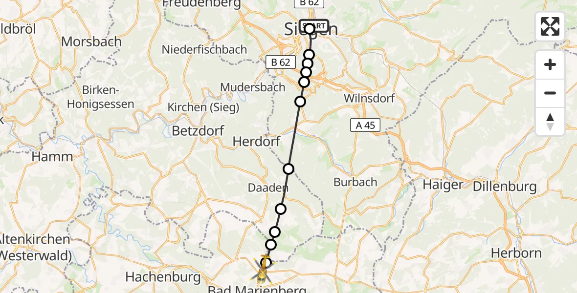 Flugroute Rettungshubschrauber Marien Hospital Siegen - Lautzenbrücken, 26 August 2026, 15:49