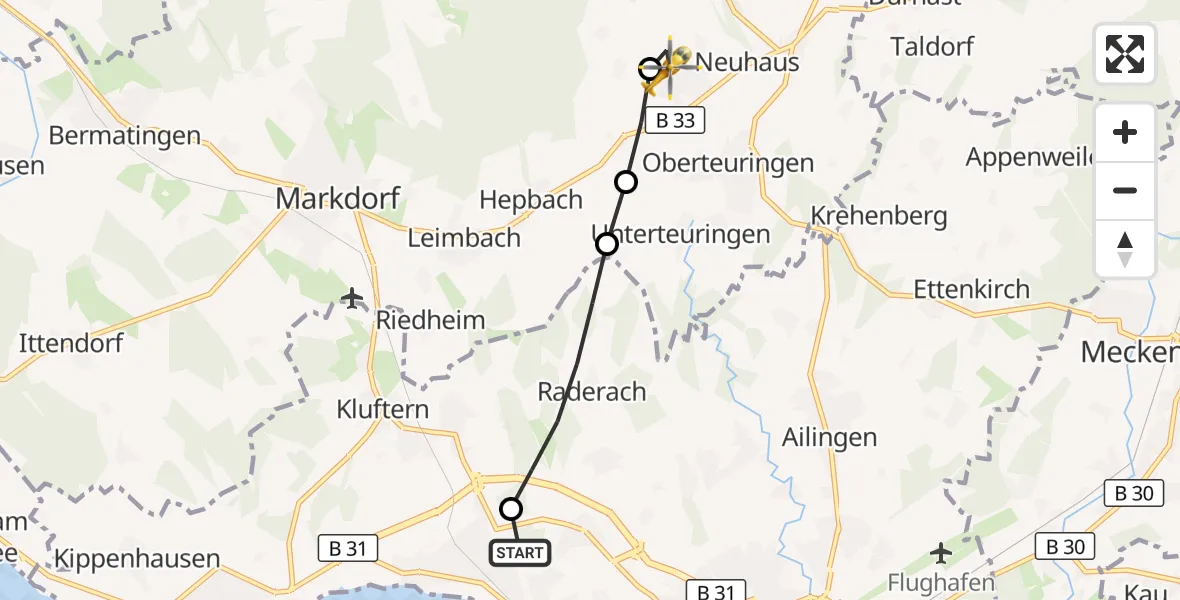 Flugroute Rettungshubschrauber Friedrichshafen Hospital - Oberteuringen, 26 August 2026, 15:49