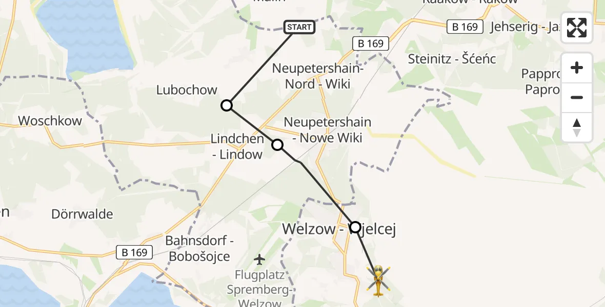 Flugroute Rettungshubschrauber Drebkau - Welzow, 26 August 2026, 16:05