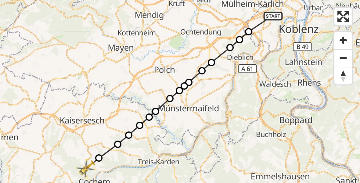 Flugroute Rettungshubschrauber Koblenz - Klotten, 26 August 2026, 16:09