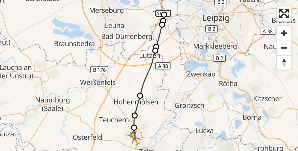 Flugroute Rettungshubschrauber ADAC Air Rescue Station Leipzig/Schkeuditz-Dölzig Hubschrauberlandeplatz (Christoph 61) - Zeitz, 26 August 2026, 16:11