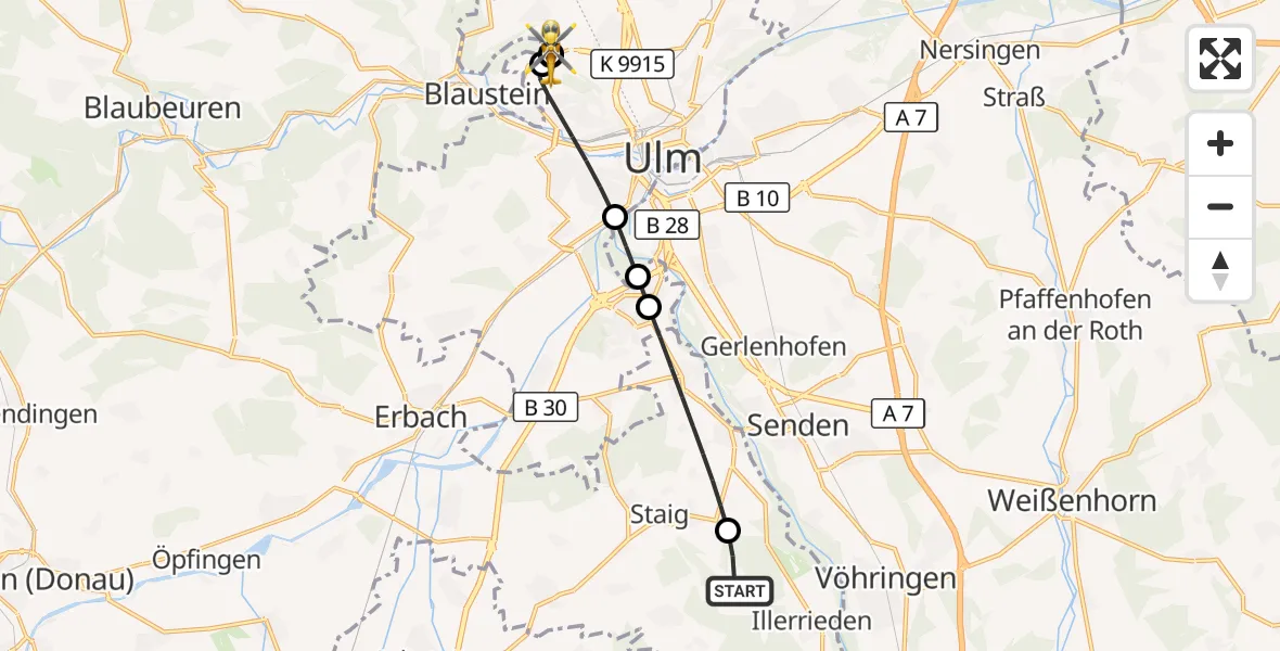 Flugroute Rettungshubschrauber Illerrieden - ADAC Air Rescue Station Ulm (Christoph 22), 26 August 2026, 16:13