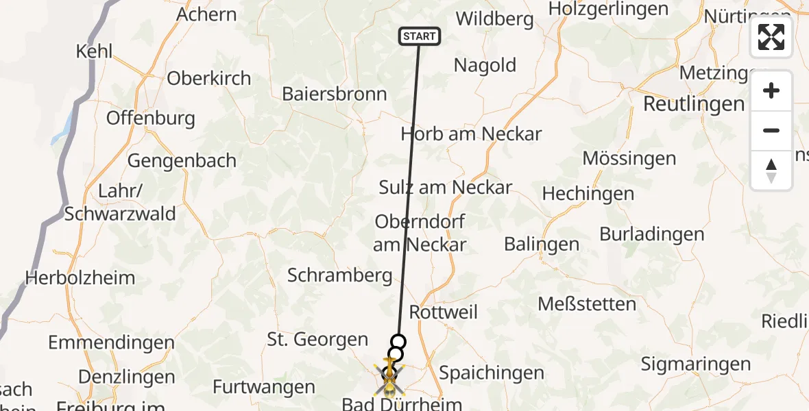 Flugroute Ambulanzhubschrauber Altensteig - DRF Air Rescue Station Villingen-Schwenningen Hubschrauberlandeplatz (Christoph 11), 26 August 2026, 16:16